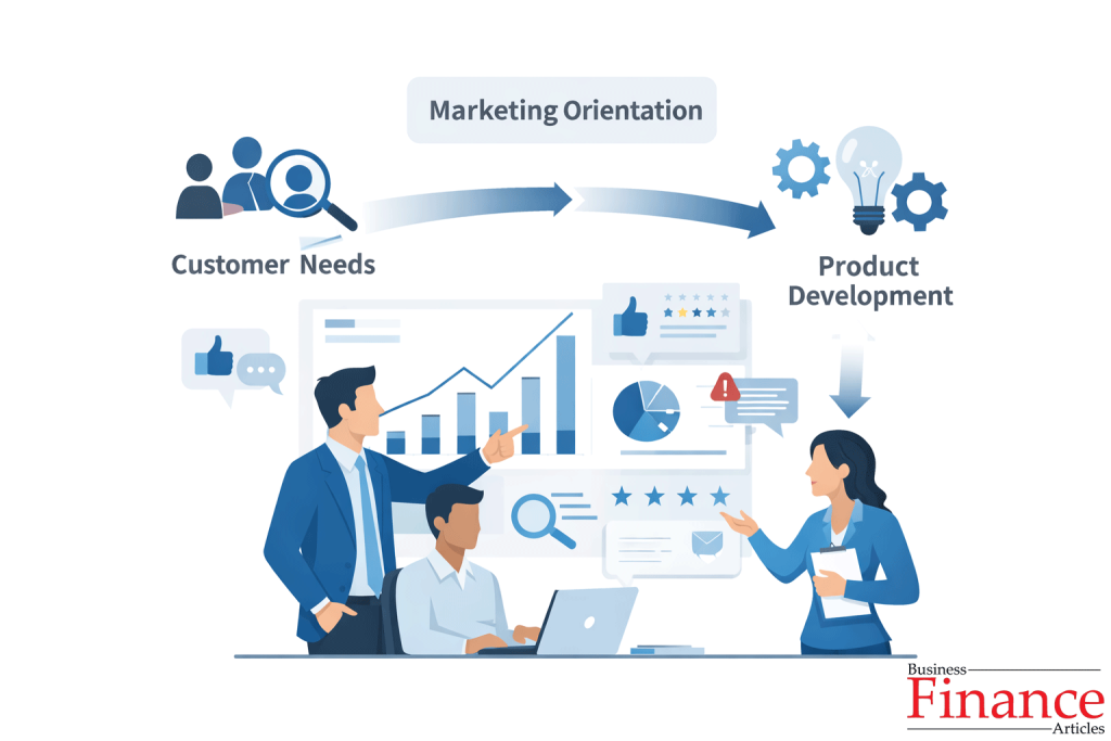 business team analyzing customer data and feedback to develop products in marketing orientation strategy