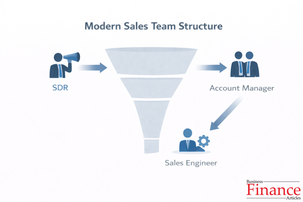 sales funnel diagram showing roles of SDR account executive account manager and sales engineer in modern sales teams