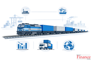 freight train transporting container cargo illustrating advantages of railway transport in business logistics