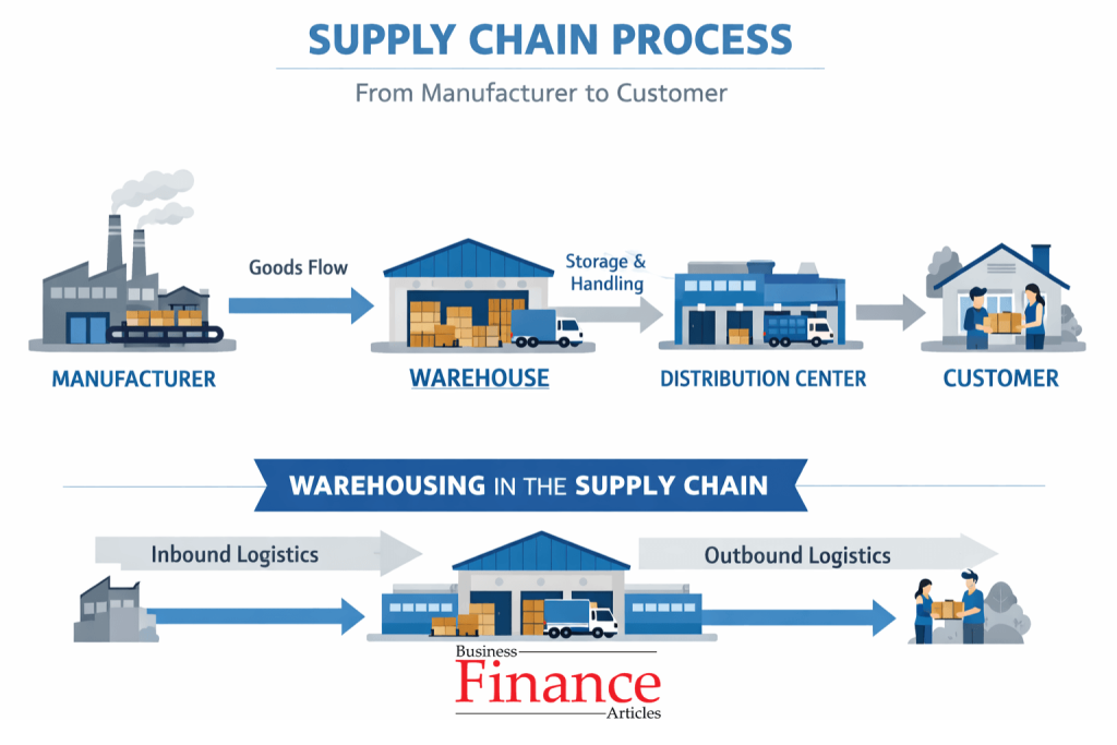 Role of warehousing in logistics showing supply chain flow from manufacturer to customer
