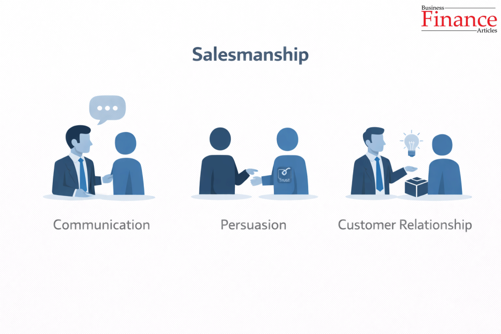 infographic explaining concept of salesmanship including communication persuasion trust and customer relationship building