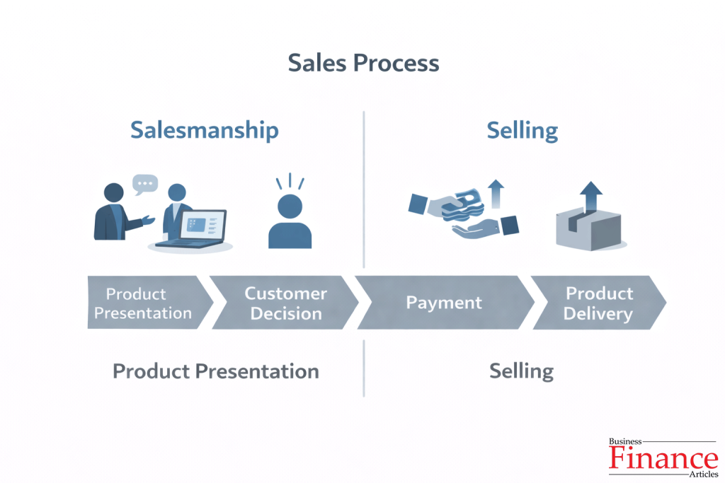 sales process flow diagram showing transition from salesmanship persuasion stage to selling transaction stage