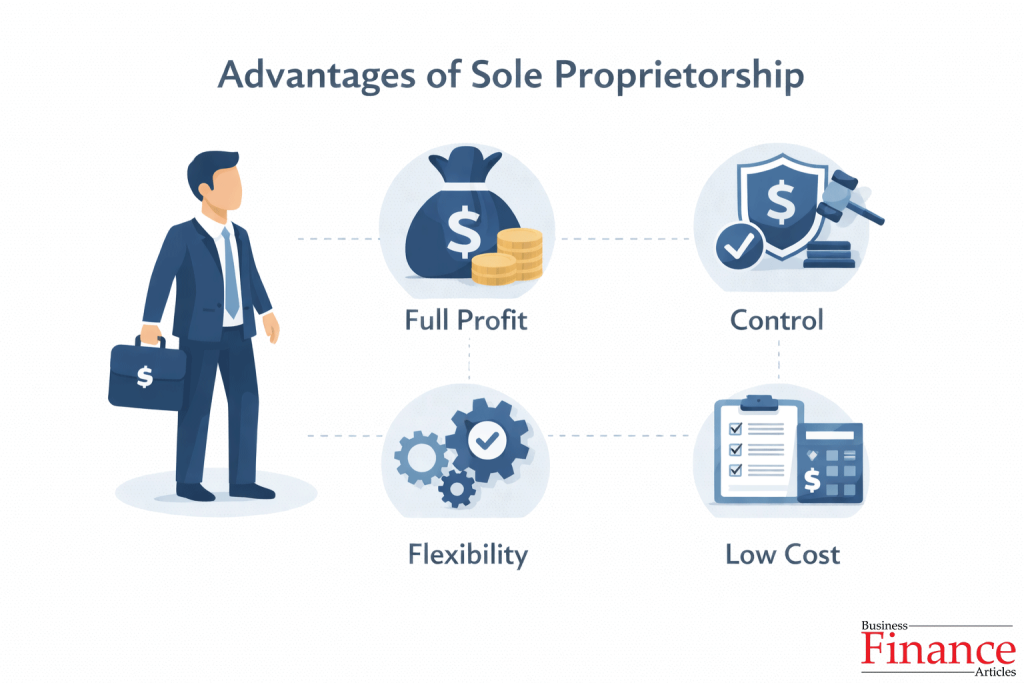 infographic showing advantages of sole proprietorship including control flexibility low cost and full profit ownership