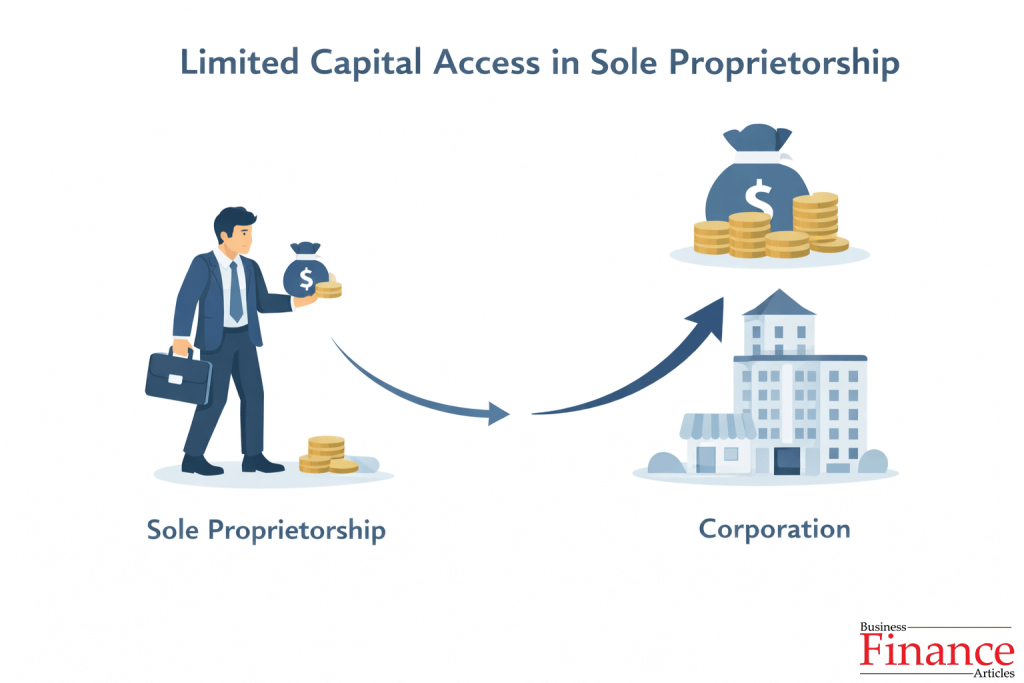 infographic showing limited capital access for sole proprietorship compared to corporate funding options