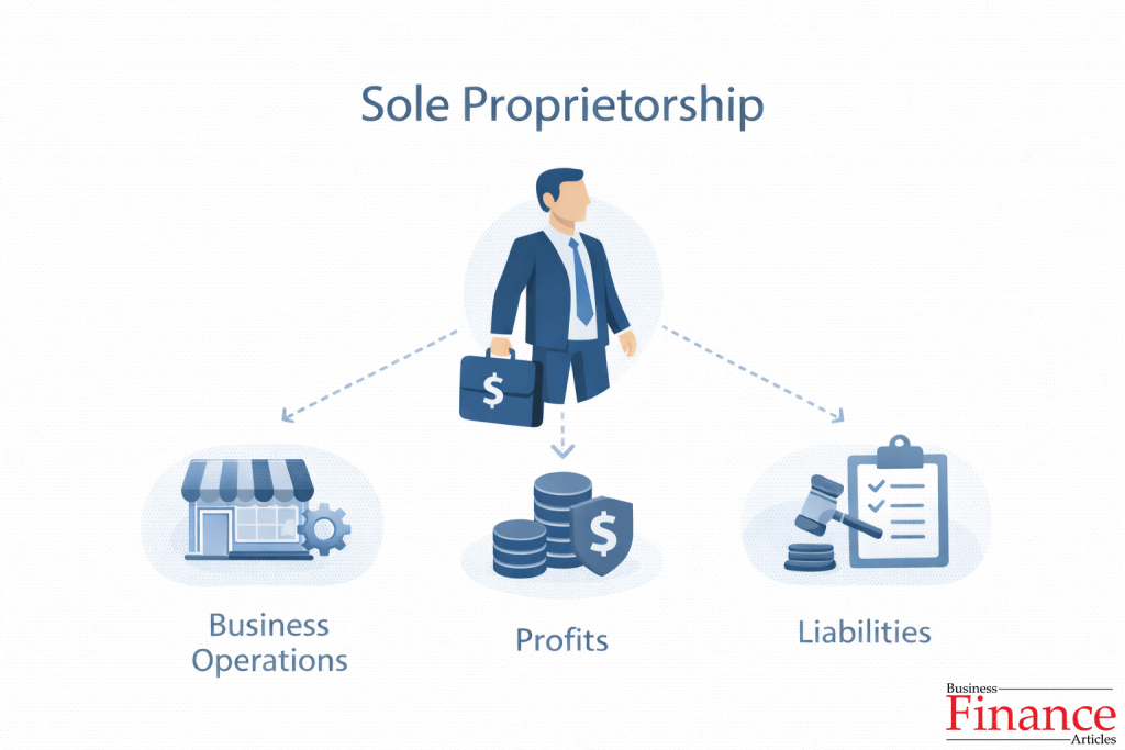 diagram showing sole proprietorship single owner business structure with owner controlling operations profits and liabilities