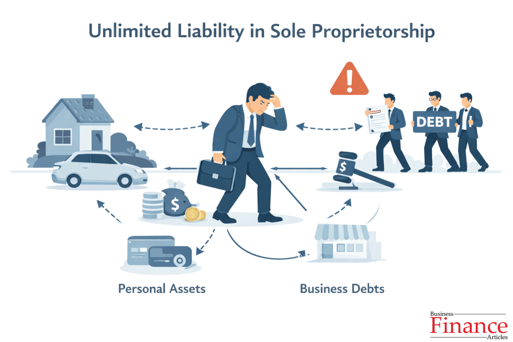 illustration explaining unlimited liability in sole proprietorship where personal assets are exposed to business debts