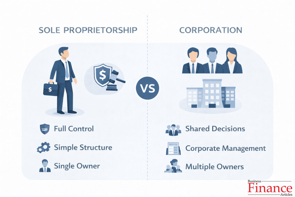 comparison infographic showing differences between sole proprietorship and corporation including control structure and management