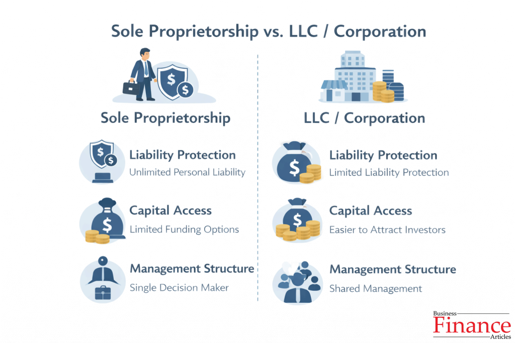 comparison diagram of sole proprietorship vs LLC showing liability capital and management differences