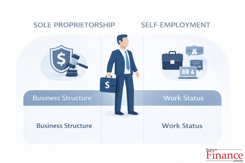 illustration explaining difference between sole proprietorship business structure and self employment work status