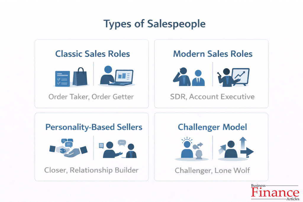 infographic showing categories of salespeople including classic sales roles modern sales roles personality based sellers and challenger sales model