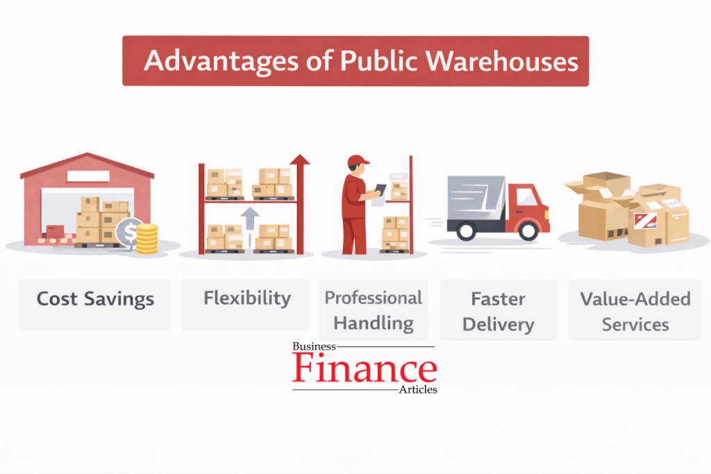 Advantages of public warehouses including cost savings, flexibility, and logistics support