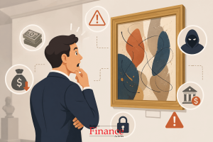Investor surprised while looking at artwork with financial warning symbols