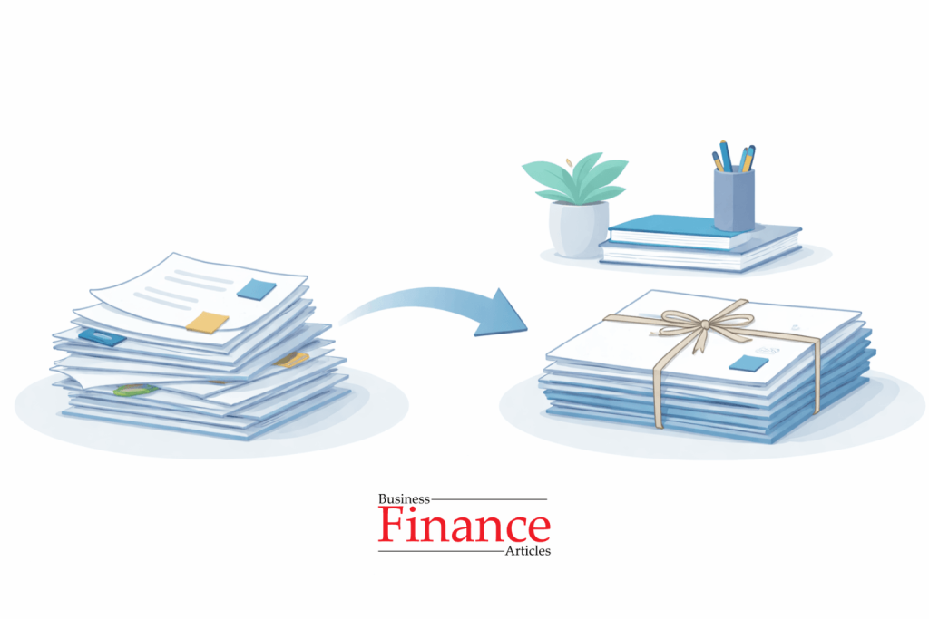 documents organized into bundle filing system with tied stack