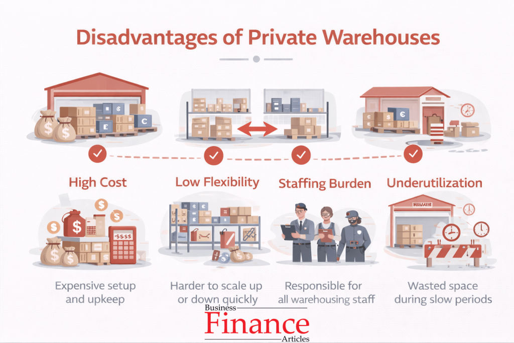 Disadvantages of private warehouses including cost and flexibility issues