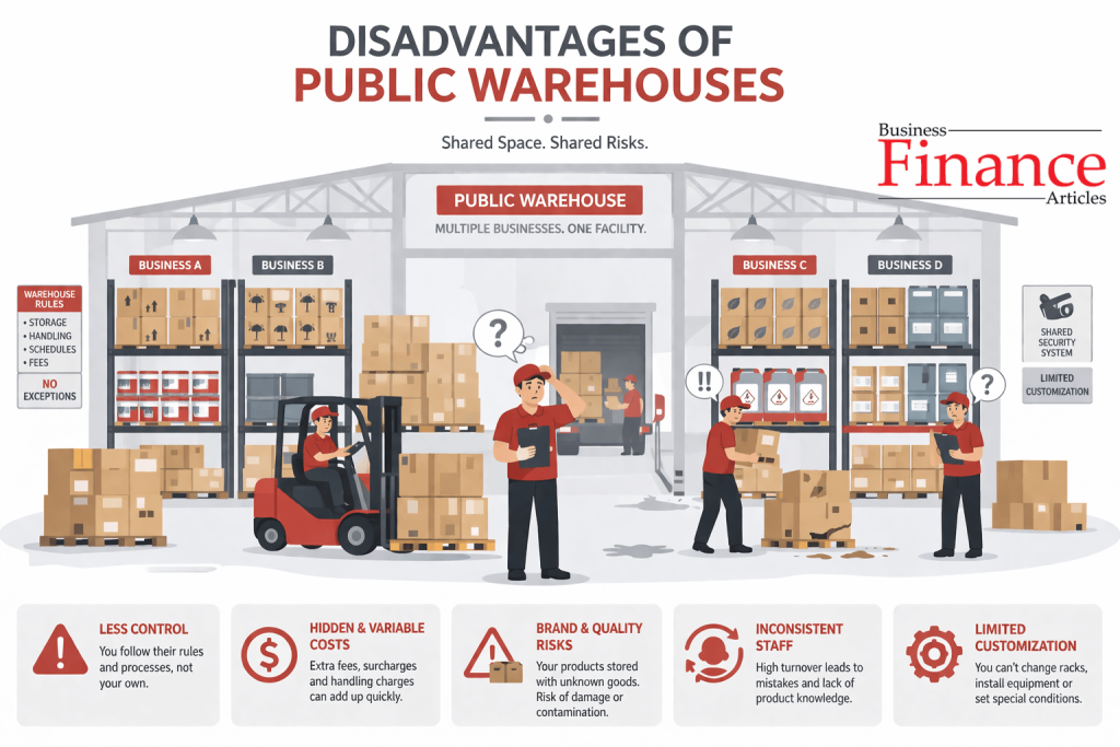 Key disadvantages of public warehouses including control issues and hidden costs