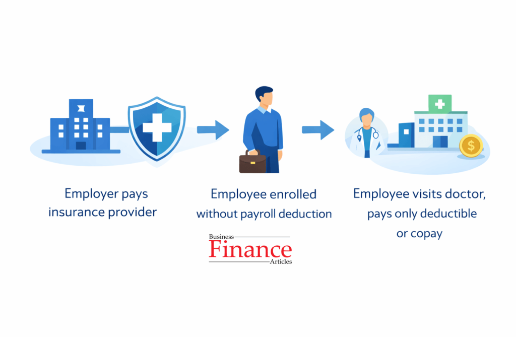 Flow diagram showing how employer-paid no contribution health insurance works step by step