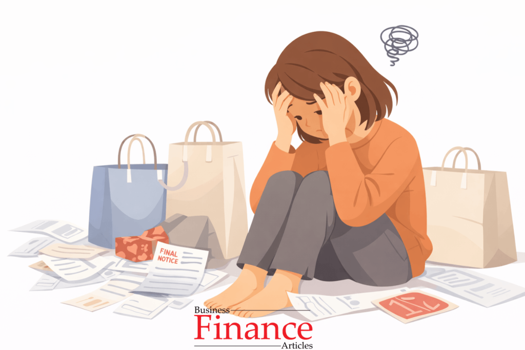 lady stressed with shopping bags and bills after impulse purchases