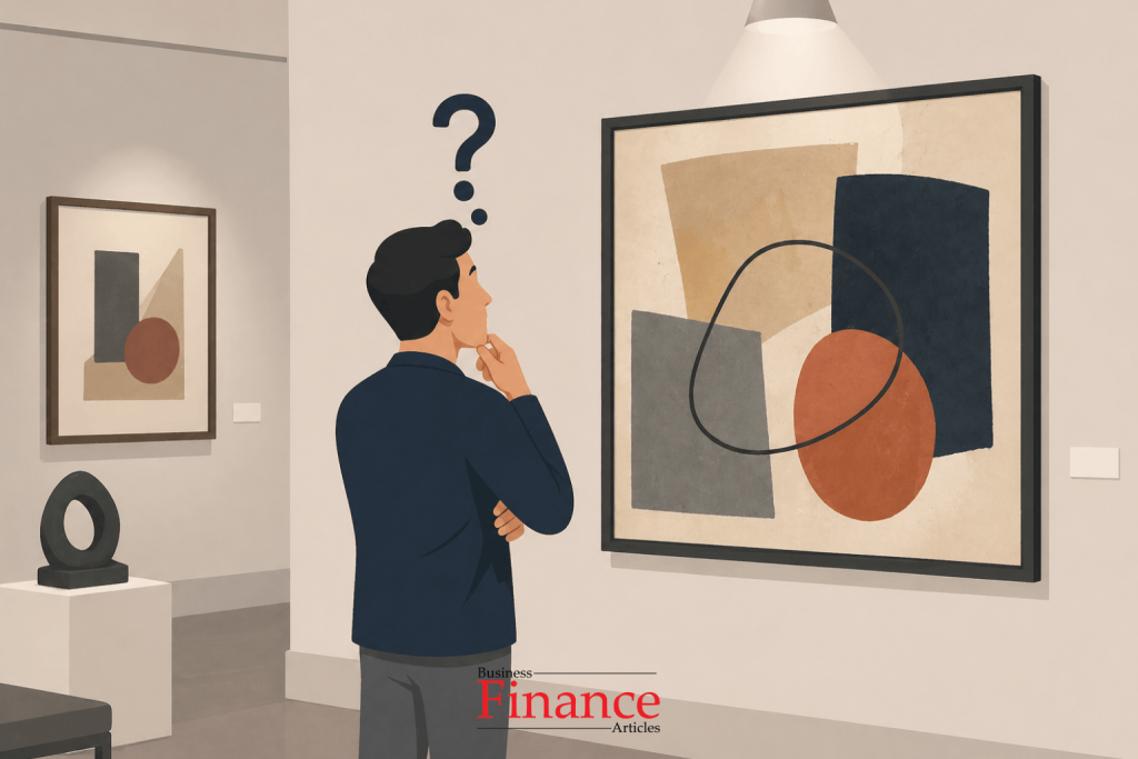 Person in art gallery looking at painting with question mark showing confusion about investment