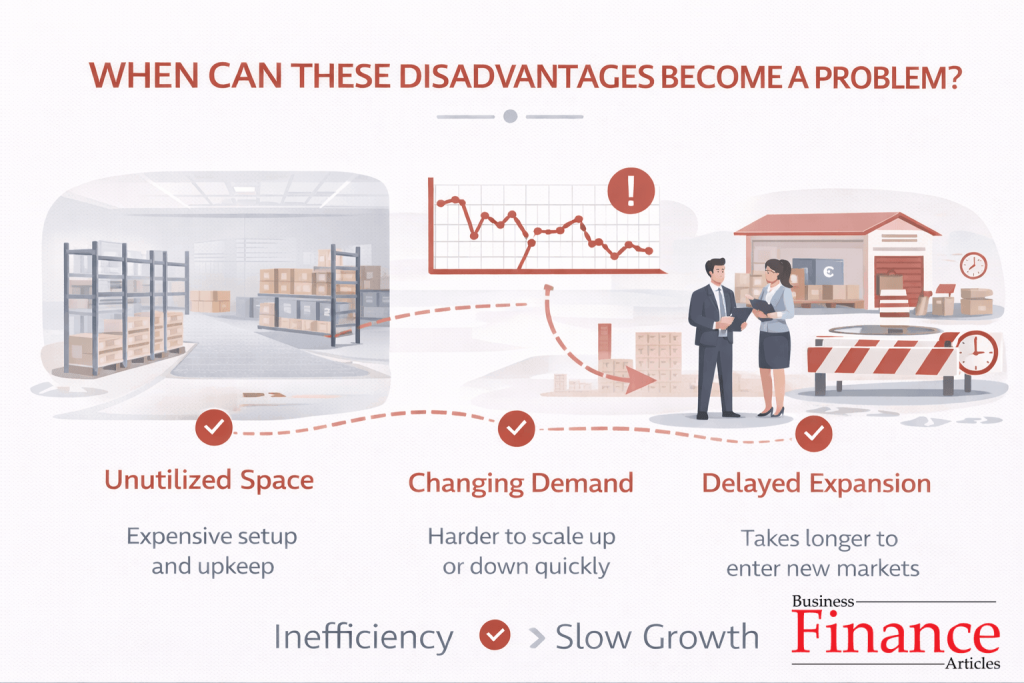 Situations where private warehouse becomes inefficient due to low demand and slow expansion