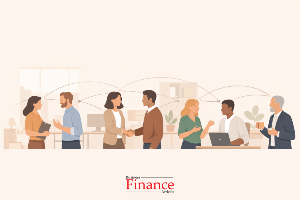 illustration of professionals building connections through communication and trust in a modern workplace