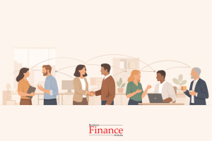 illustration of professionals building connections through communication and trust in a modern workplace