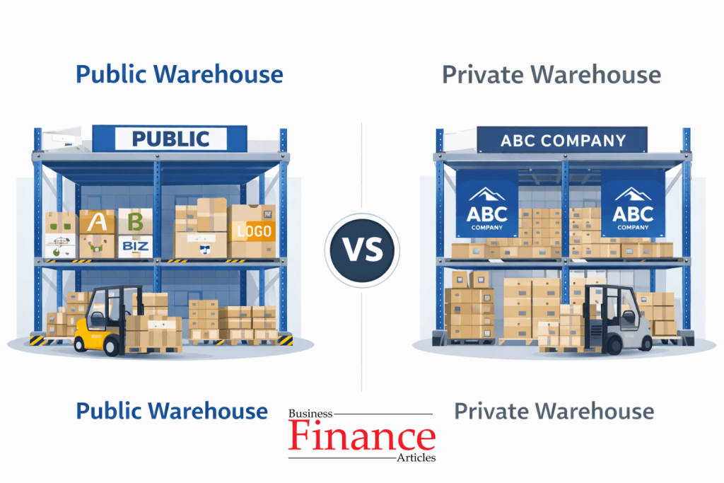 Public vs private warehouse comparison showing differences in ownership and storage structure