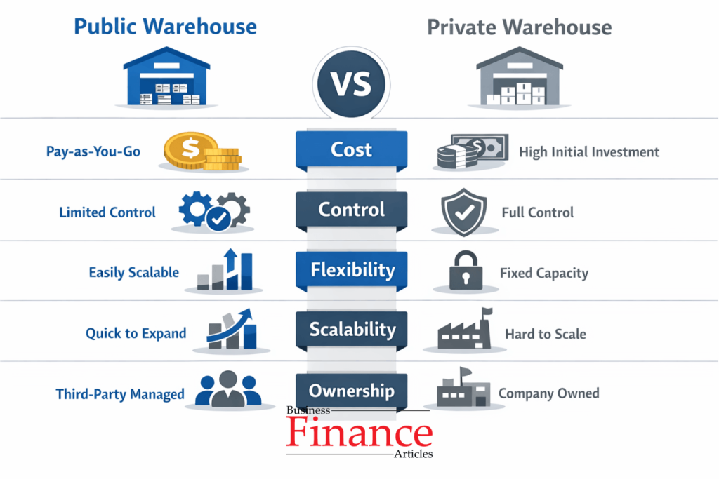 Key differences between public and private warehouses including cost, control, and flexibility