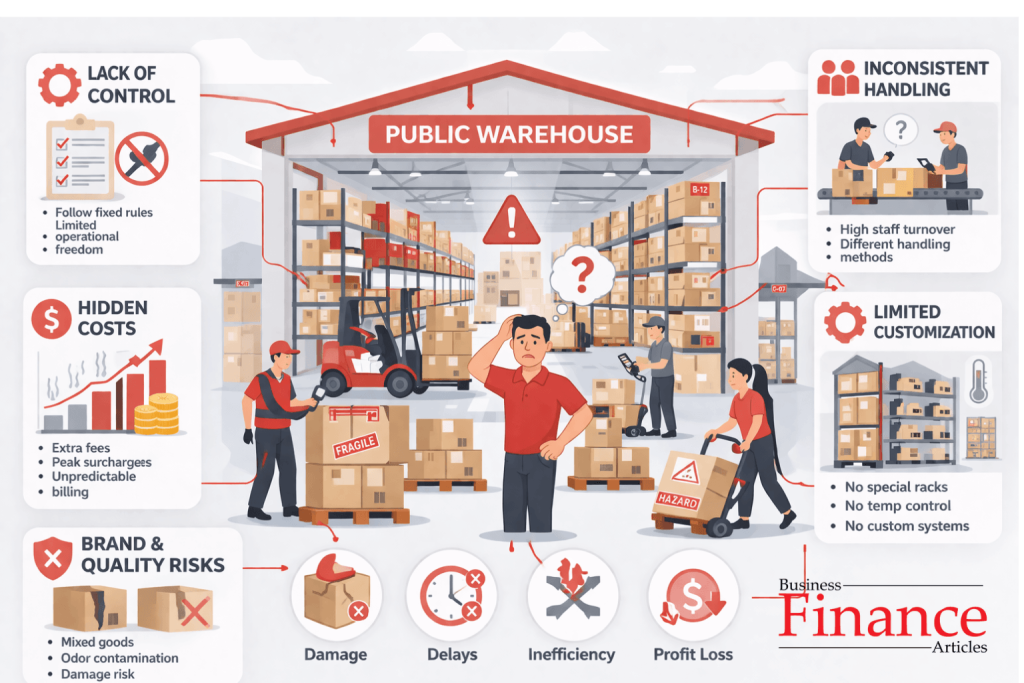 Disadvantages of public warehouse including lack of control and hidden costs
