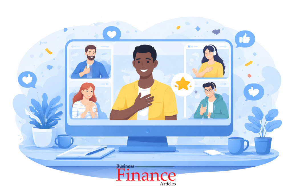 illustration of remote employee being recognized in virtual meeting