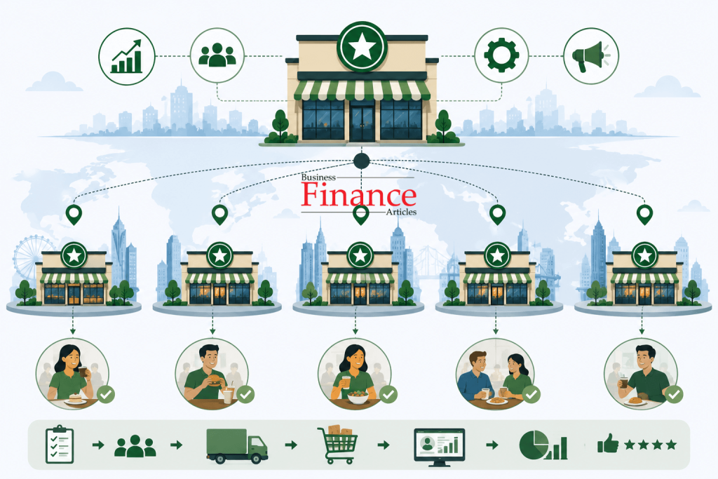 Business format franchise expansion and scalable business growth illustration