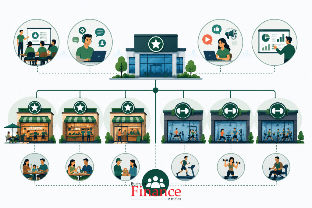 Business format franchising illustration showing standardized franchise operations