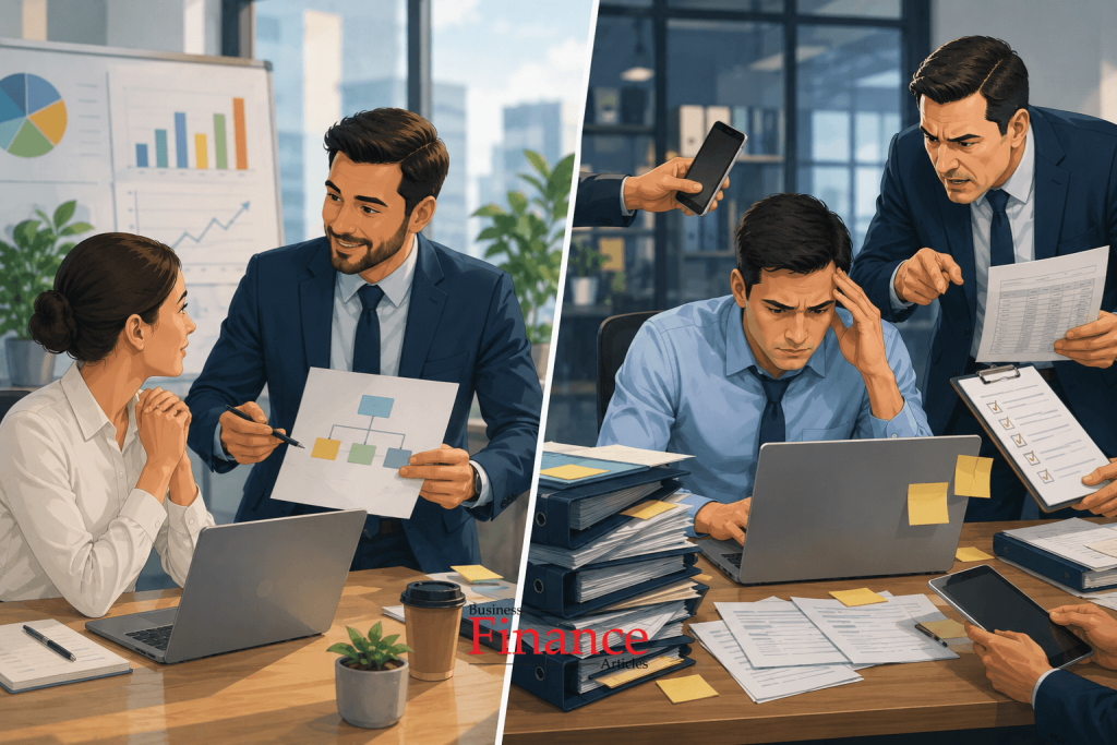 Comparison of employee evaluation and micromanagement management styles in workplace scenarios.
