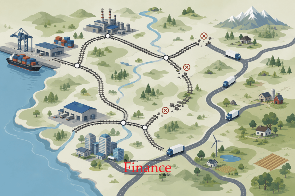 map showing limited railway infrastructure and truck dependence in remote areas