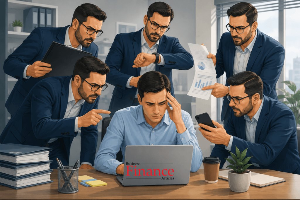 Manager constantly monitoring an employee and reviewing work details in an office environment.