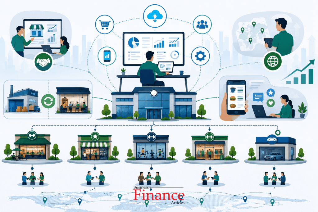 Modern franchise industry trends illustration with hybrid franchise business systems