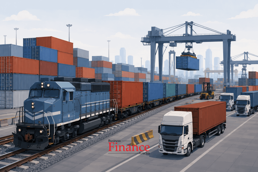 freight train waiting at crowded cargo terminal showing railway logistics limitations