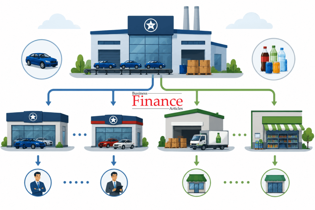 Product franchising business model illustration with dealership and branded product distribution
