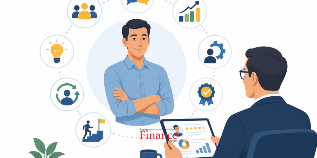 Illustration showing multiple aspects of employee performance evaluation including teamwork, communication, leadership, and productivity.