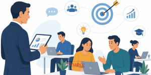 Manager evaluating employee performance through observation, feedback, and collaboration in a professional workplace.