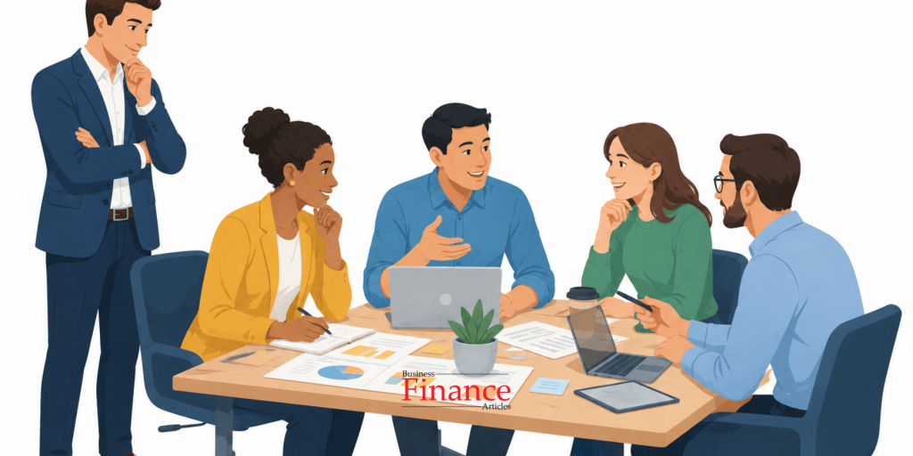 Manager observing employees collaborating and solving workplace problems during daily work.