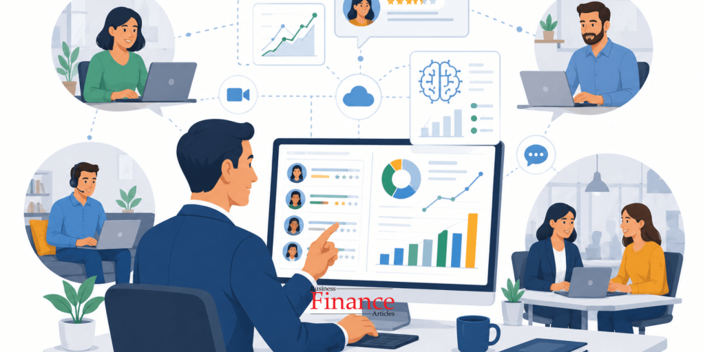 Modern workplace showing continuous feedback, hybrid work, AI-assisted performance management, and employee development.