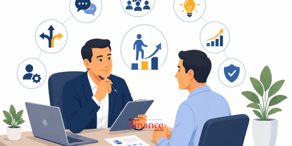 Manager evaluating leadership, communication, accountability, and strategic thinking before promotion.