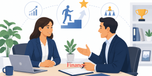 Manager discussing leadership opportunities with an employee in a modern office.